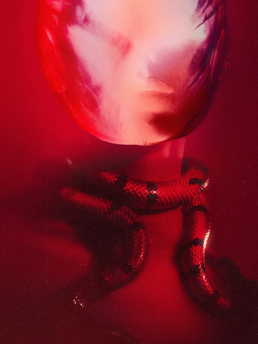 Maison Margiela Lost Eden: a face behind red film with a red snake